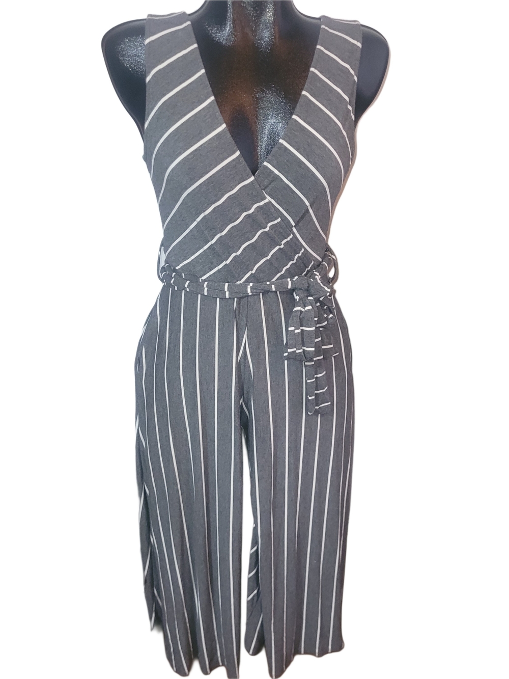 Papillon Striped Gray Sleeveless Wrap Style Jumpsuit with Tie Waist Size M